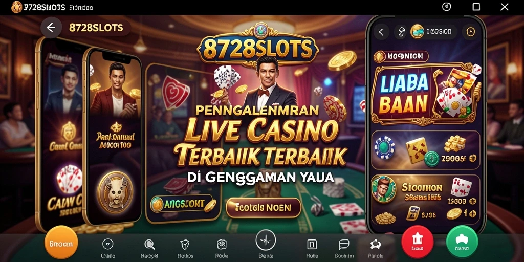 Screenshot gameplay 8728SLOTS yang menampilkan dealer langsung dan suasana kasino.