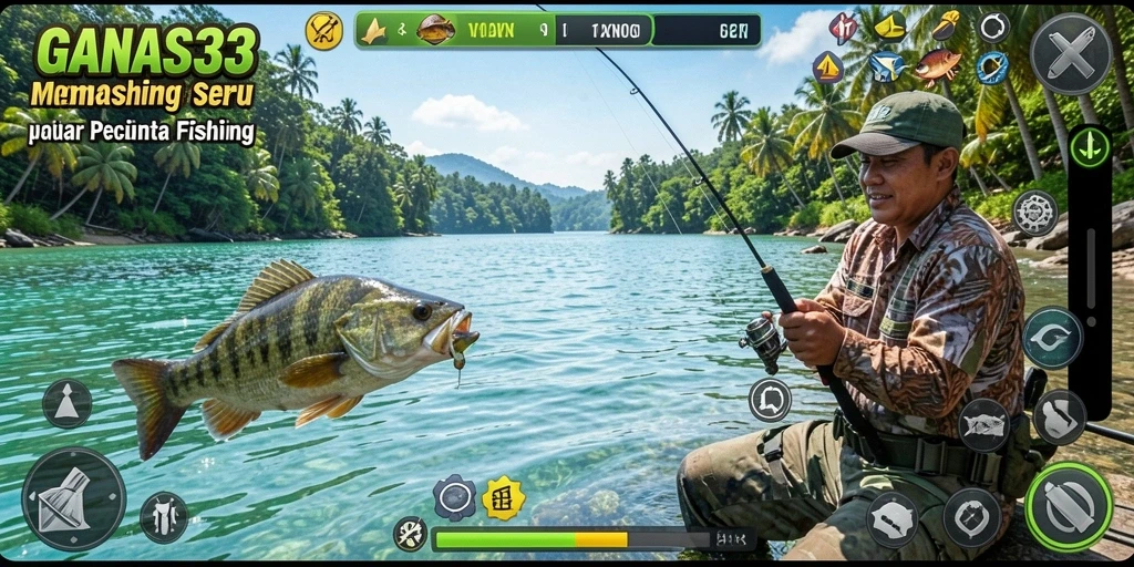Screenshot gameplay GANAS33 menampilkan aksi seru memancing.