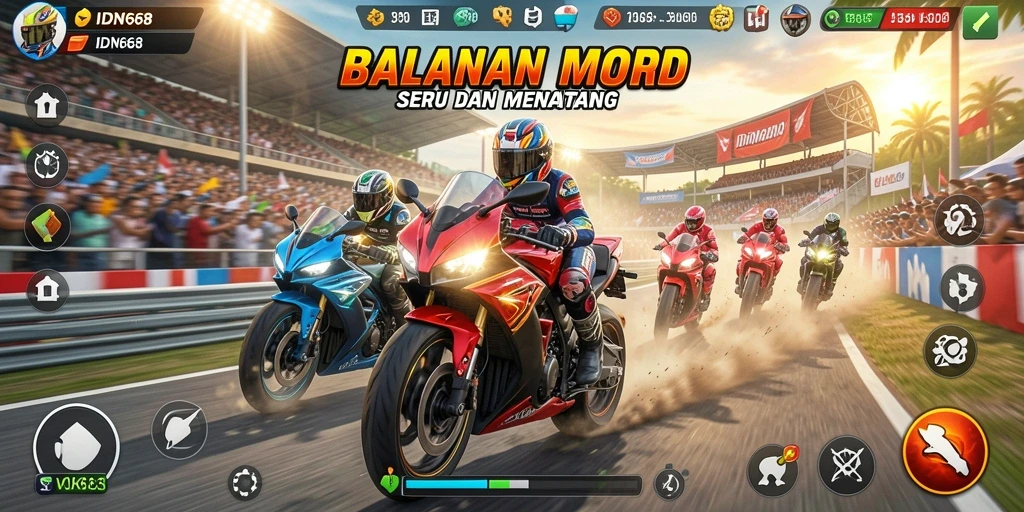 Screenshot utama gameplay balapan motor dari IDN668 yang menegangkan.
