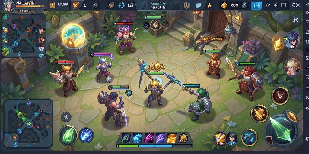 Gameplay seru NAGAWIN dalam pertarungan tim MOBA.