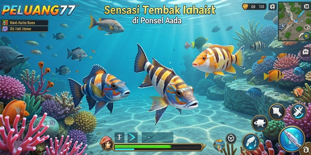 Tampilan gameplay PELUANG77 dengan ikan beraneka ragam dan senjata menembak.