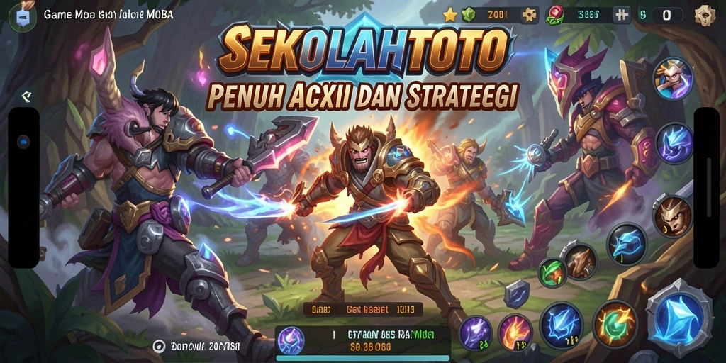 Screenshot gameplay SEKOLAHTOTO menunjukkan karakter dalam aksi pertarungan MOBA.